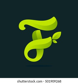 F letter logo with green leaves. Vector ecology elements for web, t-shirts and cards.