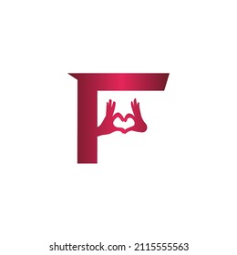 F letter logo with heart icon, Two hands making heart sign valentines day love concept