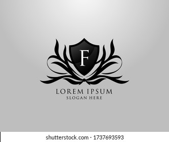 F Letter Logo. Inital F Majestic Shield design for Royalty, Fashion, Community, Boutique,  Hotel, Heraldic, Jewelry, Photography.