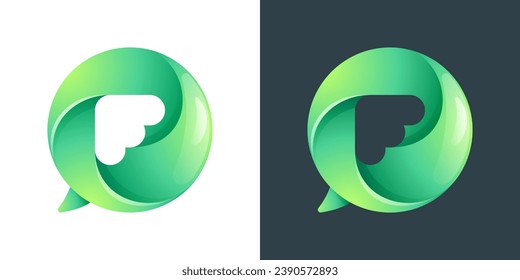 F letter logo inside speech bubble with swirl pattern. Negative space style icon. Colorful gradient emblem for your social media app, call center, online message, feedback icon, telemarketing screen.