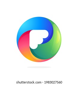 F letter logo inside swirling loop circle. Negative space style icon. Colorful gradient emblem for your social network app, fun avatar or loading screen.