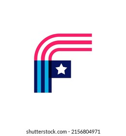 F letter logo made of American Stars and Stripes flag. Vector font for US history and 4th of July celebration in flat style. Perfect for Independence Day cards, invitations, banners.