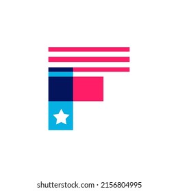 F letter logo made of American Stars and Stripes flag. Vector font for US history and 4th of July celebration in flat style. Perfect for Independence Day cards, invitations, banners.