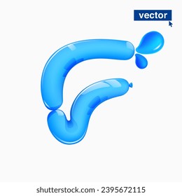 F letter logo made of blue clear water and dew drops. Eco-friendly realistic 3D twisted balloons. Vector elements in plastic cartoon style. Perfect for pure nature banner, healthy filter labels.