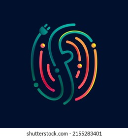 F letter logo made of fingerprint with plug. Colorful cable icon with vivid gradients and lines. Perfect for energy design, accessories advertising, gadget packaging, electric identity.