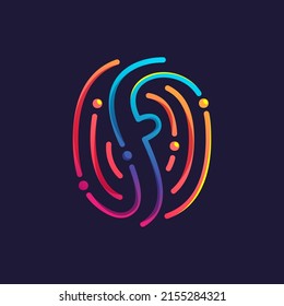 F letter logo made of fingerprint. Multicolor line icon with vivid gradients and shine. Perfect for online payment art, biometric design, nightlife advertising, digital packaging, modern identity.