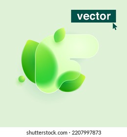 F letter logo made of green leaves under mate glass. Realistic Glassmorphism style. Vector blurry translucent icon. Eco transparent emblem for agriculture advertising, waste recycling, healthy food.