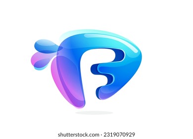 F letter logo made of spring water and dew drops. Environment friendly initial. Pure eco emblem in overlapping watercolor style. 3D realistic icon in round triangle arrow shape. Vector play button.