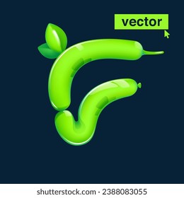 Logo de la letra F hecho de globos retorcidos. Rentabilidad 3D ecológica con hojas verdes. Elementos vectores al estilo de las caricaturas. Banner perfecto para la naturaleza, etiquetas de comida saludable, arte en el jardín y adv de hierba.
