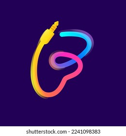 F letter logo made of vivid gradient line wire with mini jack icon and rainbow shine. Overlapping multicolor emblem. Ideal for music app, audio design, DJ identity, technology advertising.