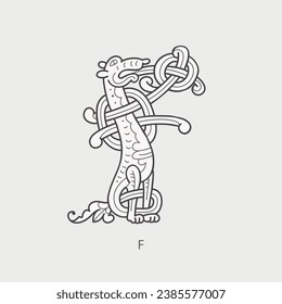 F letter logo. Medieval drop caps monogram. Initials made of spiral Celtic beasts, snake, dragon. Gothic illuminated calligraphy. Middle Ages heraldic ornate capitals. Germanic font for pagan tattoos.