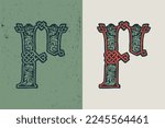 F letter logo in medieval knots lines style. Dim colored drop cap icon. Engraved barbarian emblem. Vintage illuminated initials. Perfect for vintage premium identity, Celtic posters, luxury packaging.