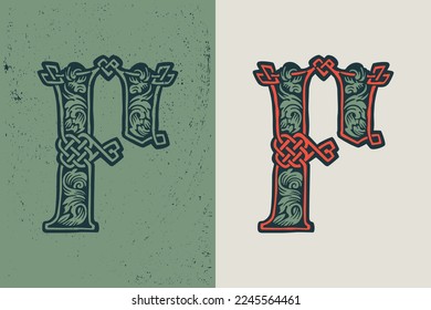 F letter logo in medieval knots lines style. Dim colored drop cap icon. Engraved barbarian emblem. Vintage illuminated initials. Perfect for vintage premium identity, Celtic posters, luxury packaging.