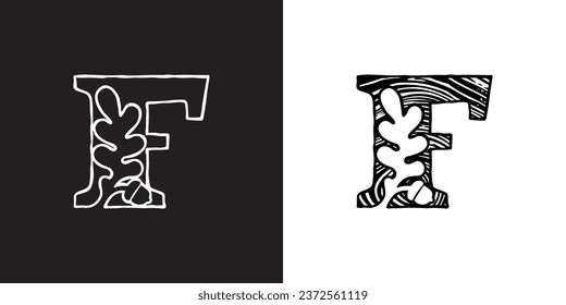 F letter logo with oak leaf and acorn. Tree cross-section. Natural wood texture, ring pattern. Trunk saw cut. Negative space emblem. Vector icon for eco identity, university coat of arms, vintage adv.