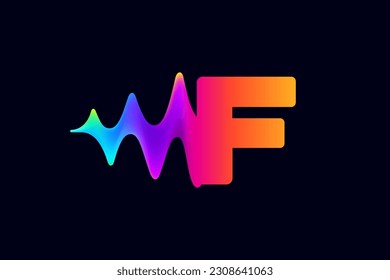 F letter logo with pulse music player element. Vibrant sound wave flow line and glitch effect. Neon gradient icon. Vector template for techno store, electronic music, audio equalizer, DJ posters.