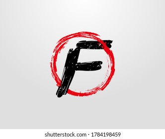 F Letter Logo mit rotem Circle Grunge Platter Element. Retro F Logo Design Vorlage.