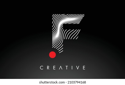 F Letter Logo mit rotem Punktkreis und Warpfelzellendesign-Vektorgrafik. Kreativer F-Symbolbrief aus weißen, gepolsterten Linien 
