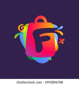 F letter logo with shopping bag and Sale icons. Vector template perfect to use in your special offer label, one day deal banner, final discount identity.