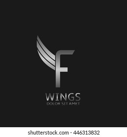 F letter logo. Silver wings symbol. Silver F letter logo template for air company
