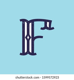 F letter logo in slab serif retro style with grunge texture. Vector font for your fashion poster, jewelry badge, vintage banner, boutique card etc.