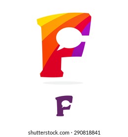 F letter logo, speech bubble negative space volume vector icon