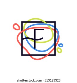 F letter logo in square frame at colorful line background. Font style, vector design template elements for your posters, invitations, cards. 