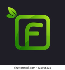 F letter logo in square and green leaves. 