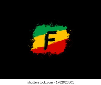 F Letter Logo In Square Grunge Shape With Splatter and Rasta Color. Letter F Reggae Style Icon Design.