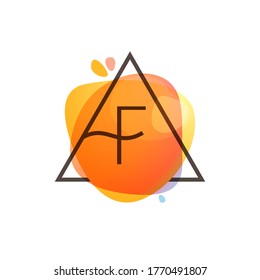 F letter logo in triangle frame at watercolor splash background. Color overlay style. Perfect vector icon for vintage design, funny watercolor posters, geometry labels, etc.