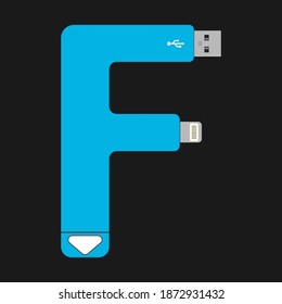 F Letter logo with USB cable isolated in vector illustration on black background. F letter simple or icon, Icon for Technology business or company.