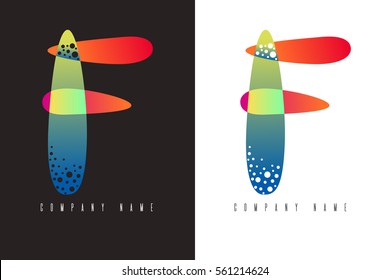 F - letter logo. Vector logotype design made with abstract colorful shapes on black and white background. Abc alphabet design for corporate identity