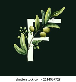 F letter logo in watercolor style with olive branches. Illustration of mediterranean berries, green leaves, flowers, buds, and branches. 