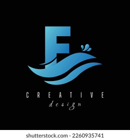 F Letter Logo with Waves and Water Drops Design Vector Illustration