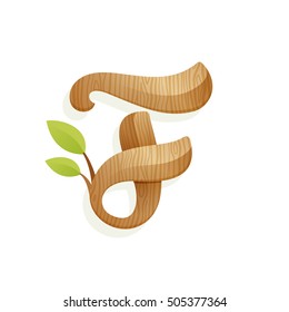 F letter logo with wood texture and green leaves. Vector elements for ecology poster, t-shirts and cards.
