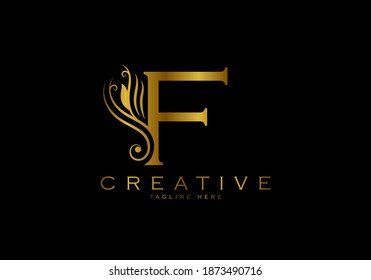 F letra plantilla de logotipo de lujo, estilo antiguo florecido.