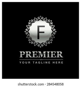 F letter Luxury Logo template flourishes calligraphic elegant ornament lines. Business sign, identity for Restaurant, Royalty, Cafe, Hotel, Heraldic, Jewelry, Premier and other vector illustration
