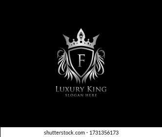 F Letter Luxury Royal King Crest,  Silver Shield Logo template