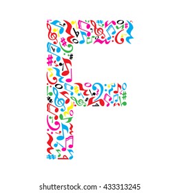 F letter made of colorful musical notes on white background. Alphabet for art school. Trendy font. Graphic decoration.