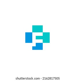 F letter medical health cross logo - blue green color.