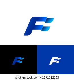 F letter. F monogram. Blue flag on different backgrounds. Forward emblem.