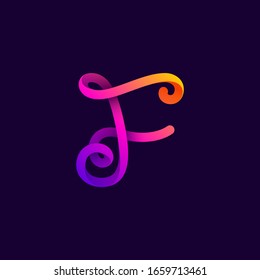 F letra neon light logo. Fuente de guión manuscrita vectora para las etiquetas de discoteca, empresa futurista, carteles de casino, etc.