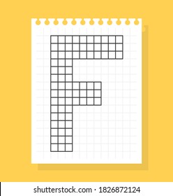 F letter on notepad sheet of squared paper, made of squares. Vector illustration