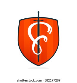 F letter on the sword and shield. Font style, vector design template elements for your application or corporate identity.