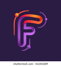 F letter one line with atoms orbits colorful logo. Abstract trendy multicolored vector design template elements for your application or corporate identity.