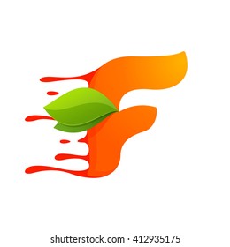 F letter with orange juice drops and leaves. Vector design template elements for your application or corporate identity.