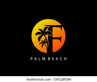 F Letter Palm Tree and Sun Set Logo Icon. Perfect for surfing shop, sport, Tour and Travel. Initial F with sunset and palm tree.
