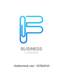 F letter from paper clip alphabet.Business and education logo concept