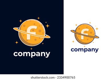 F Letter Planet Logo Design Vector Template. Orange Color Saturn Icon with Ring and Letter F Illustration