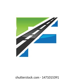 F letter road construction creative symbol layout. Paving logo design concept. Asphalt repair company sign idea
