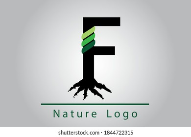 F Letter with root and leaves. Logo Design with Green Leaves on a Branch. Nature concept symbol. Eco and Organic Letter Vector Illustration.